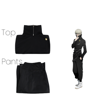 Toge Inumaki cosplay set showing black zip-up high-collar jacket and pants