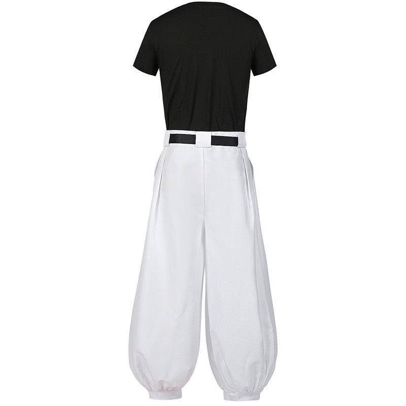 Back view of Toji Fushiguro cosplay costume showing the black short-sleeve shirt and white cuffed pants