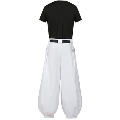 Back view of Toji Fushiguro cosplay costume showing the black short-sleeve shirt and white cuffed pants