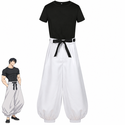 Toji Fushiguro cosplay costume with a black shirt, white pants, and waist belt, shown beside an anime character illustration