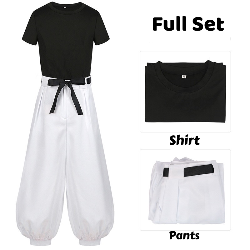 Toji Fushiguro cosplay costume showing the complete outfit and separate black shirt and white pants