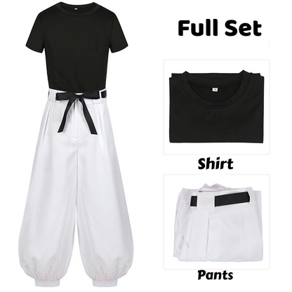 Toji Fushiguro cosplay costume showing the complete outfit and separate black shirt and white pants
