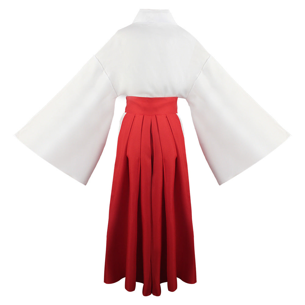 Back view of Utahime Iori cosplay costume showing the white wide-sleeve top and red pleated skirt