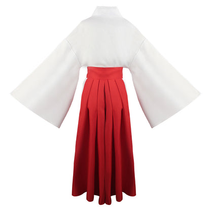 Back view of Utahime Iori cosplay costume showing the white wide-sleeve top and red pleated skirt