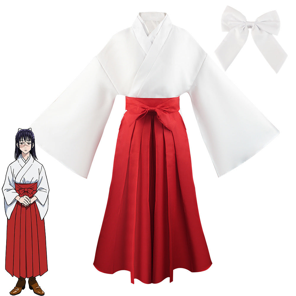 Utahime Iori cosplay costume with a white wide-sleeve top, red pleated skirt, and white hair bow beside an anime illustration