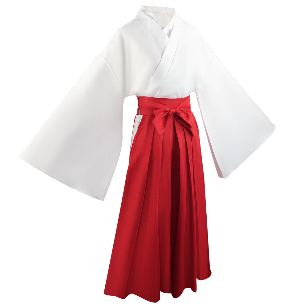 Angled view of Utahime Iori cosplay costume showing the wide white sleeves and red skirt with a tied waist bow