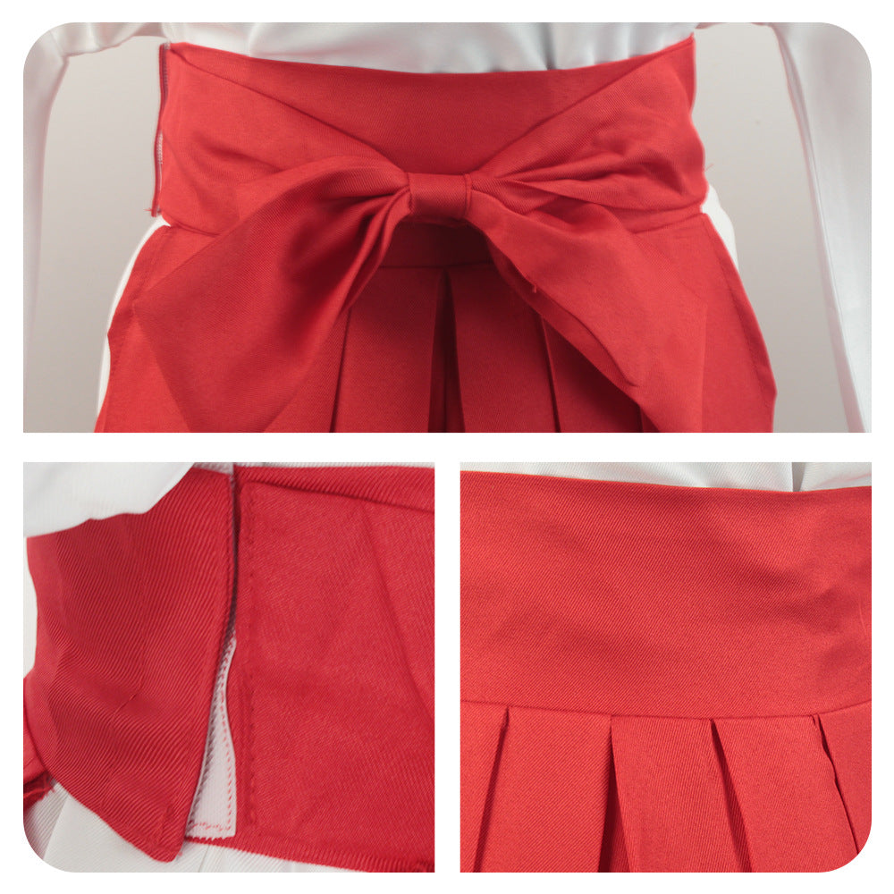 Close-up views of the red waist bow, side opening, and pleats on Utahime Iori's cosplay skirt