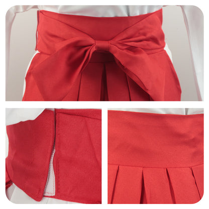 Close-up views of the red waist bow, side opening, and pleats on Utahime Iori's cosplay skirt