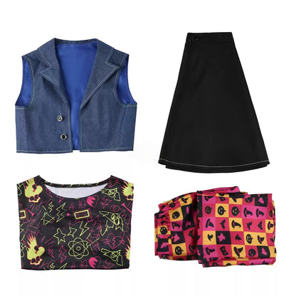 Flat lay of the cropped blue vest, neon graphic top, black skirt and colorful leggings