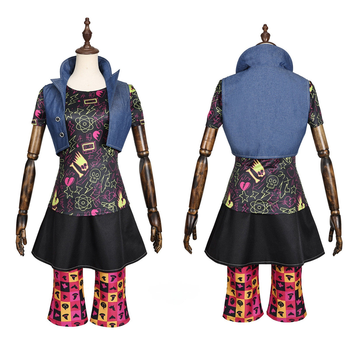 Front and back views of the Venus McFlytrap cosplay outfit with a cropped blue vest