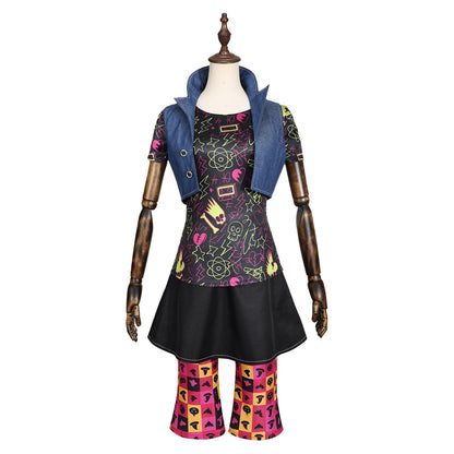 Front view of a Venus McFlytrap cosplay outfit with a blue vest, neon graphic top, black skirt and colorful leggings