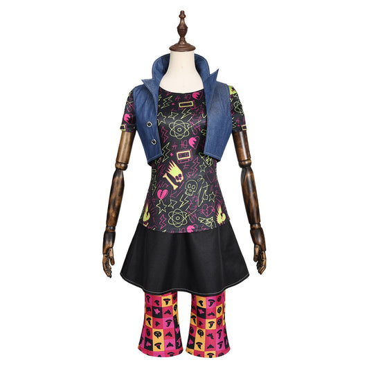 Front view of a Venus McFlytrap cosplay outfit with a blue vest, neon graphic top, black skirt and colorful leggings