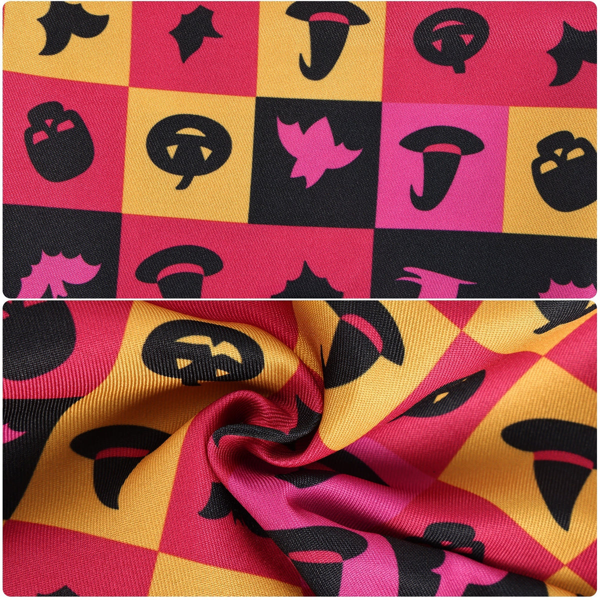 Close-up of pink, orange and yellow leggings fabric with black graphic motifs