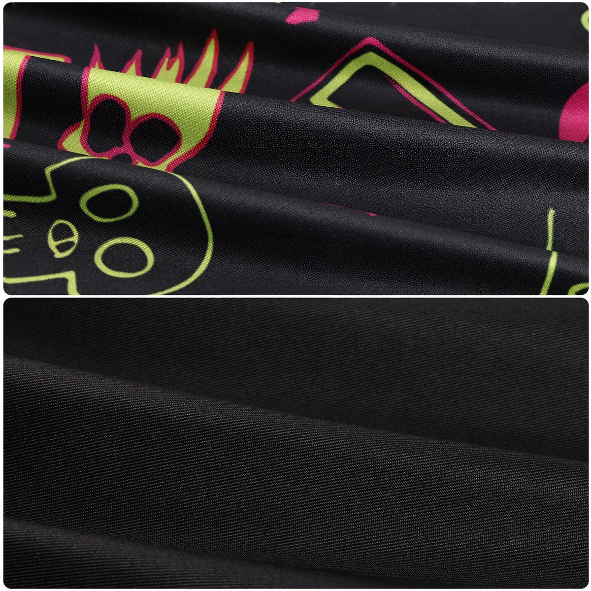 Black top fabric with bright pink, green and yellow graphic prints