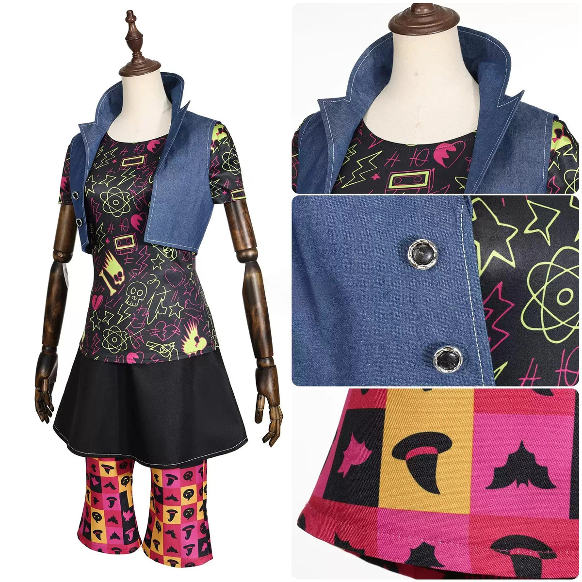 Venus McFlytrap cosplay outfit with close-up views of the vest collar, buttons and printed leggings