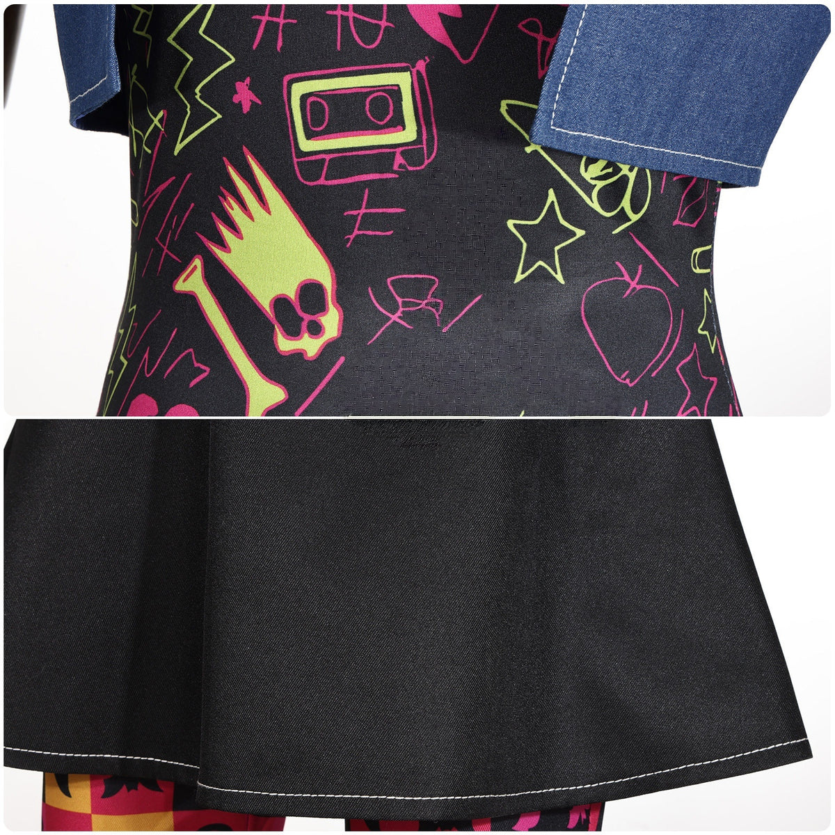 Close-up of the neon graphic top and flared black skirt