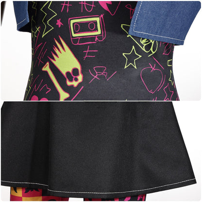 Close-up of the neon graphic top and flared black skirt