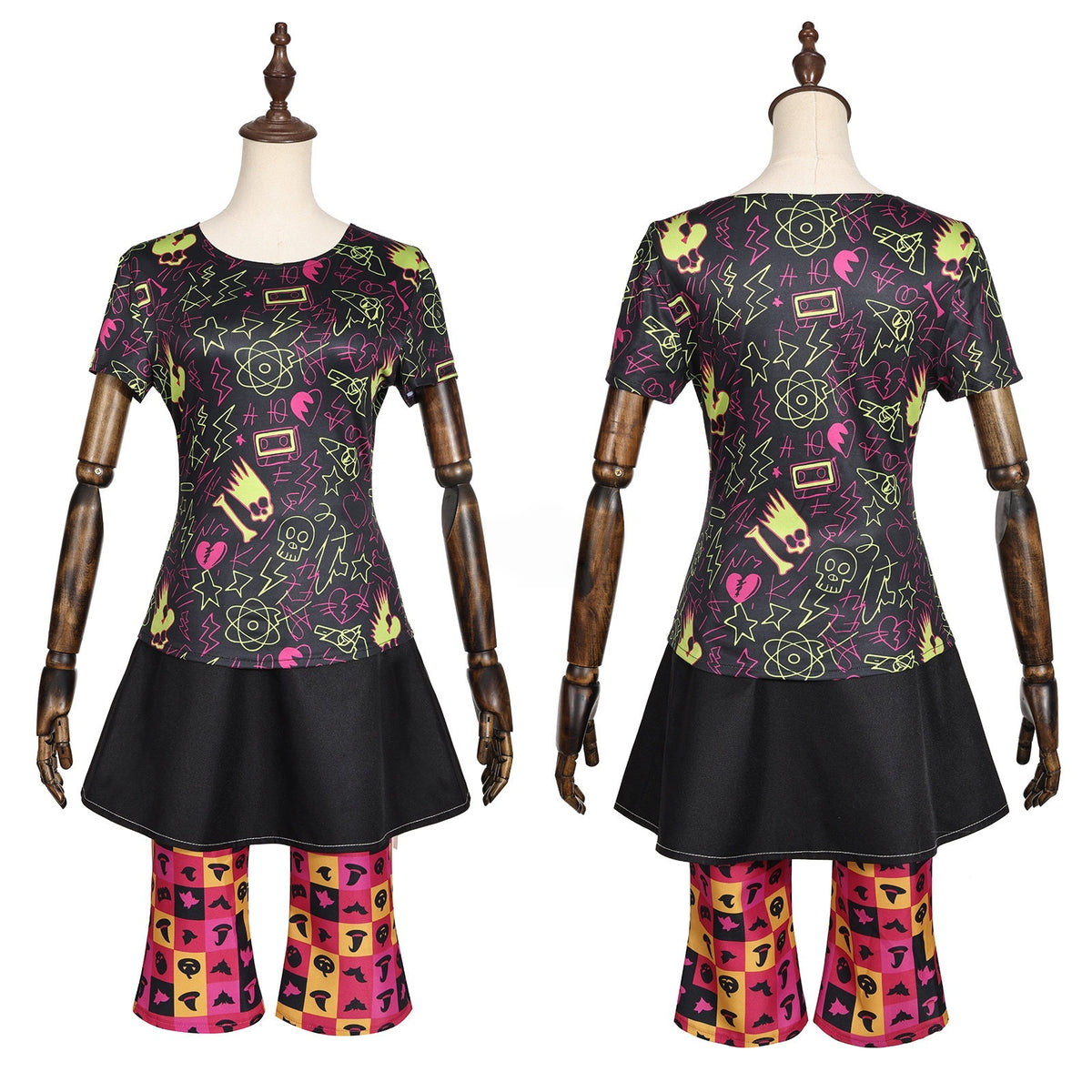 Front and back views of the neon graphic top, black skirt and colorful printed leggings