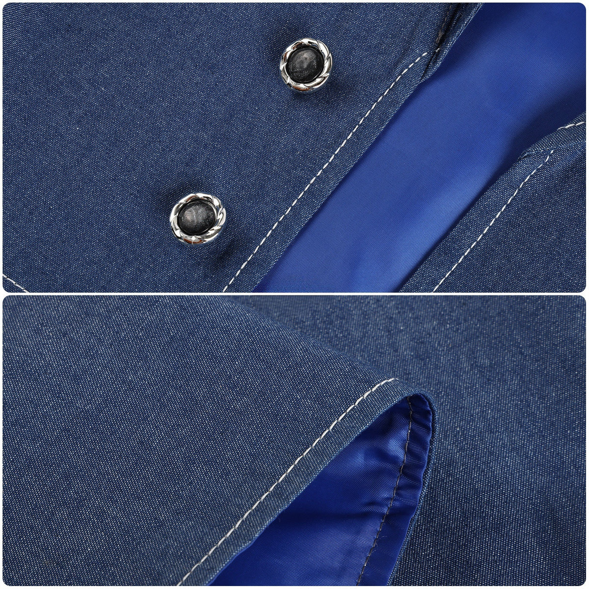 Blue vest with decorative metal-tone buttons, visible stitching and blue lining