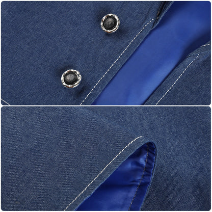 Blue vest with decorative metal-tone buttons, visible stitching and blue lining