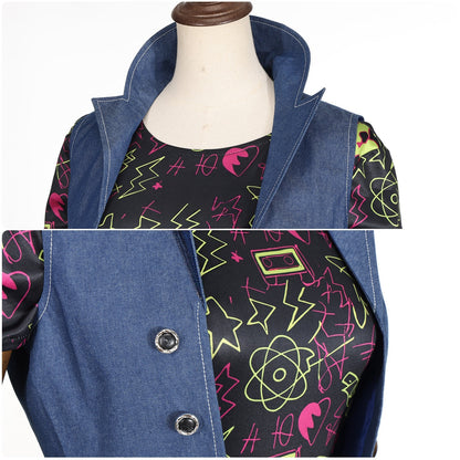 Close-up of the raised blue vest collar and neon-print top