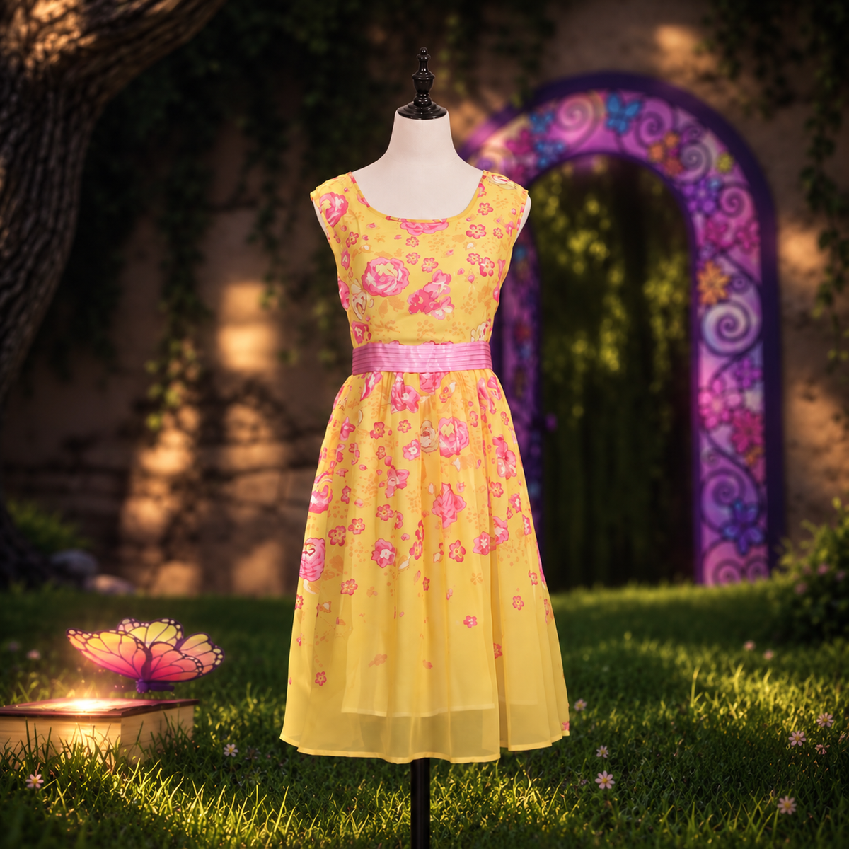 Yellow floral fairytale dress on mannequin in garden setting