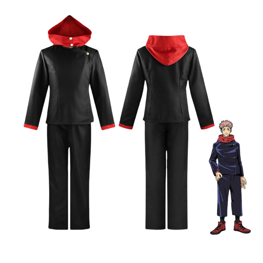 Front and back views of Yuji Itadori black cosplay uniform with red hood and cuffs