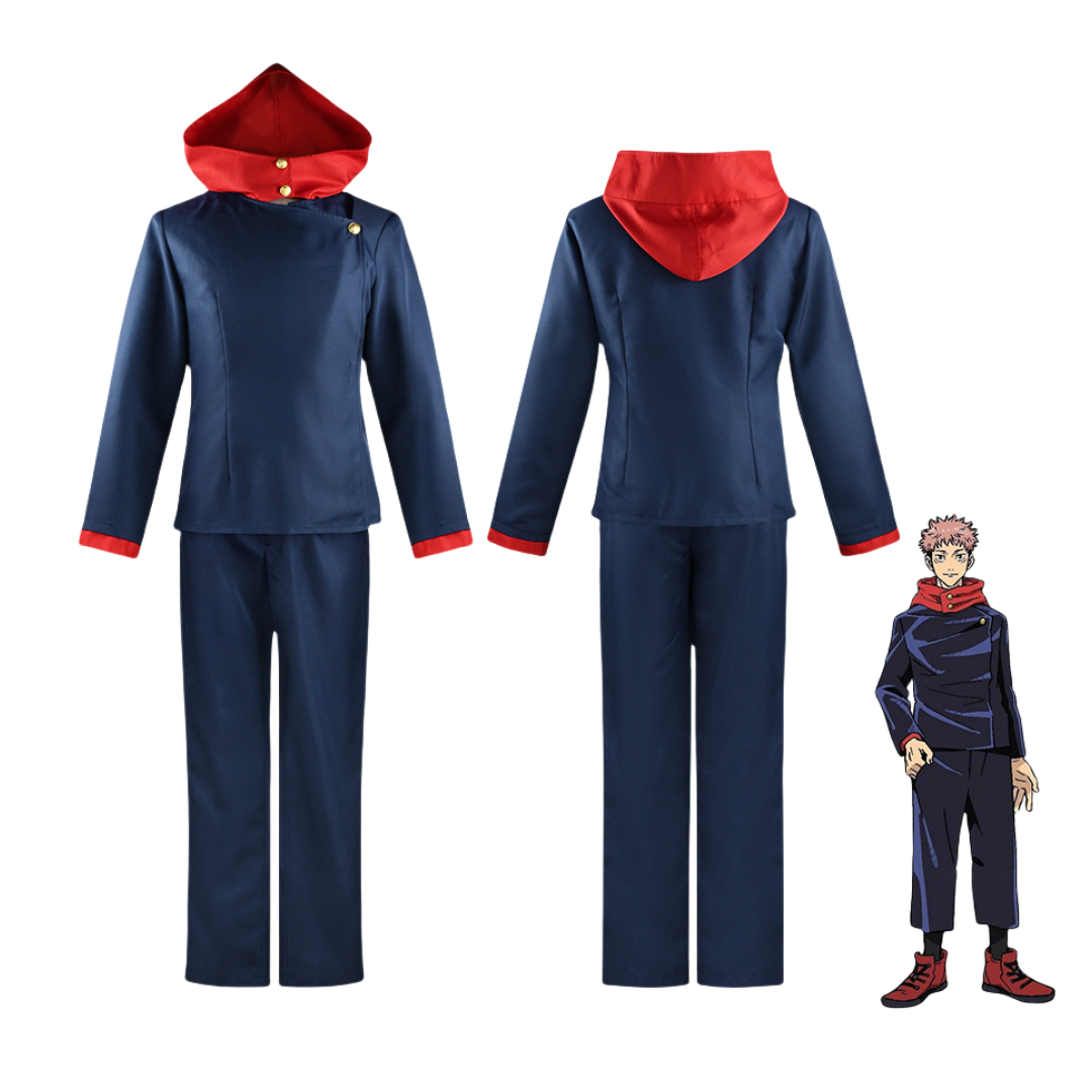 Front and back views of Yuji Itadori blue cosplay uniform with red hood and cuffs