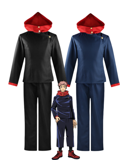 Yuji Itadori Jujutsu Kaisen cosplay uniforms in blue and black with red hoods