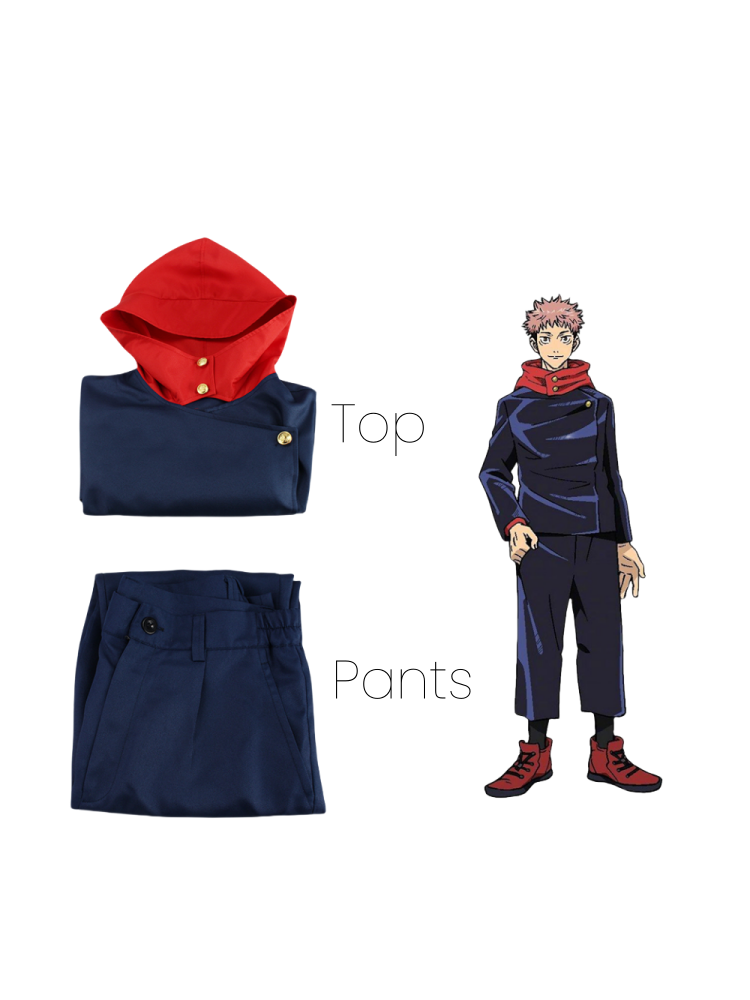Yuji Itadori cosplay set showing blue jacket with red hood and matching pants